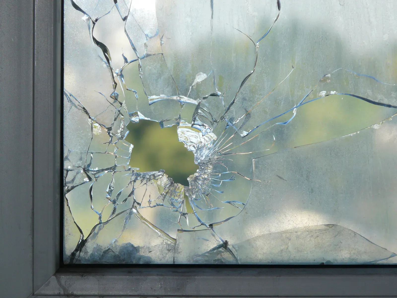 A photo of a window with storm damage awaiting repair and maintenance services. | You First Home Services